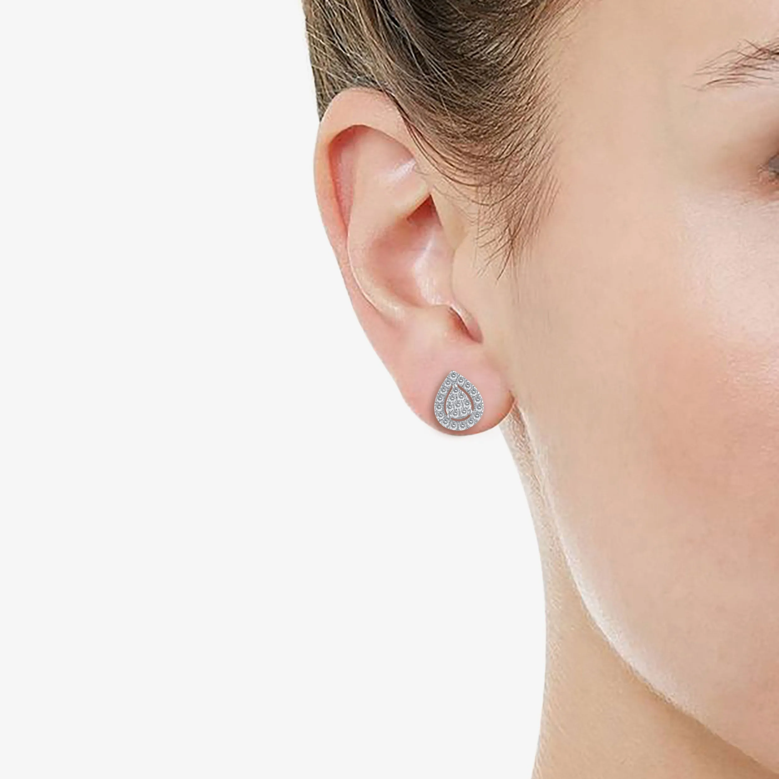 1/2Ct Diamond Halo Pear Teardrop Stud Earrings Set in 925 Sterling Silver