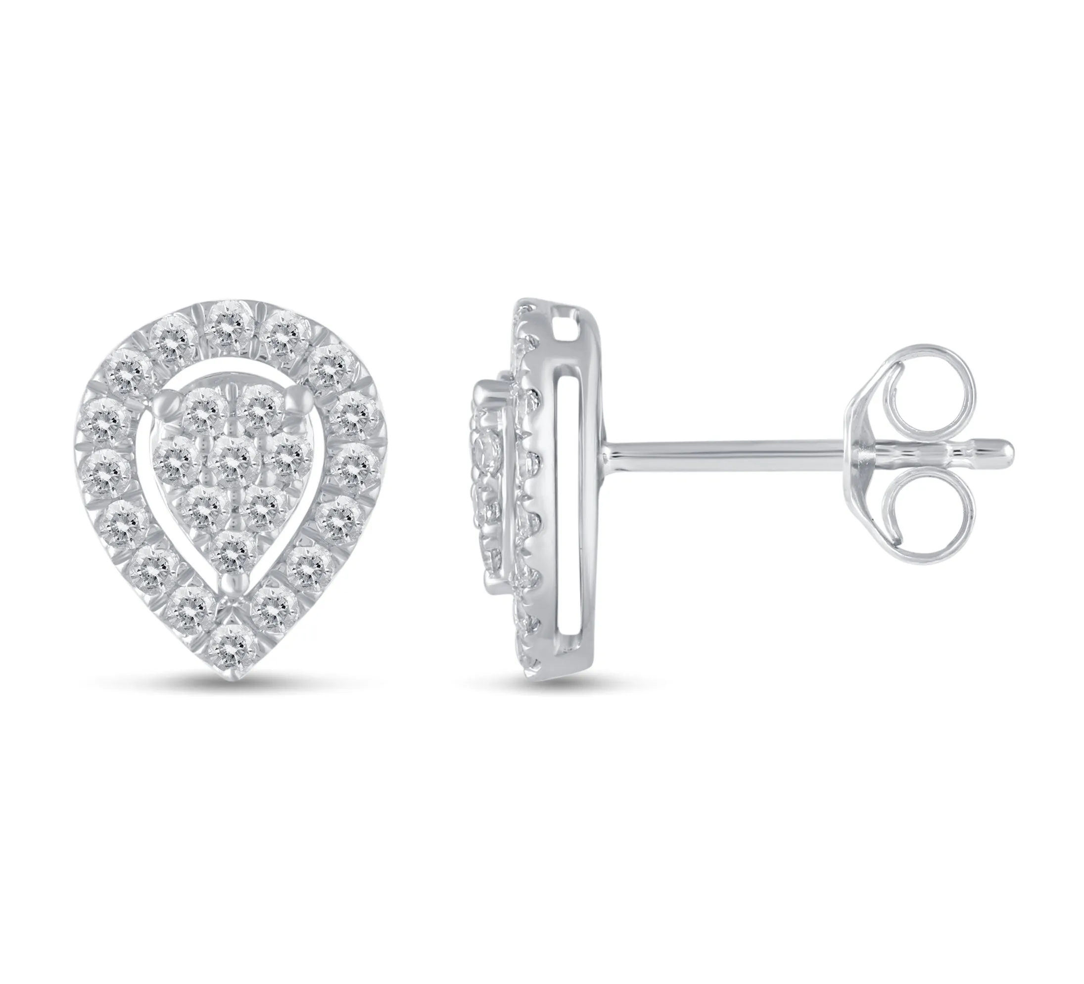 1/2Ct Diamond Halo Pear Teardrop Stud Earrings Set in 925 Sterling Silver