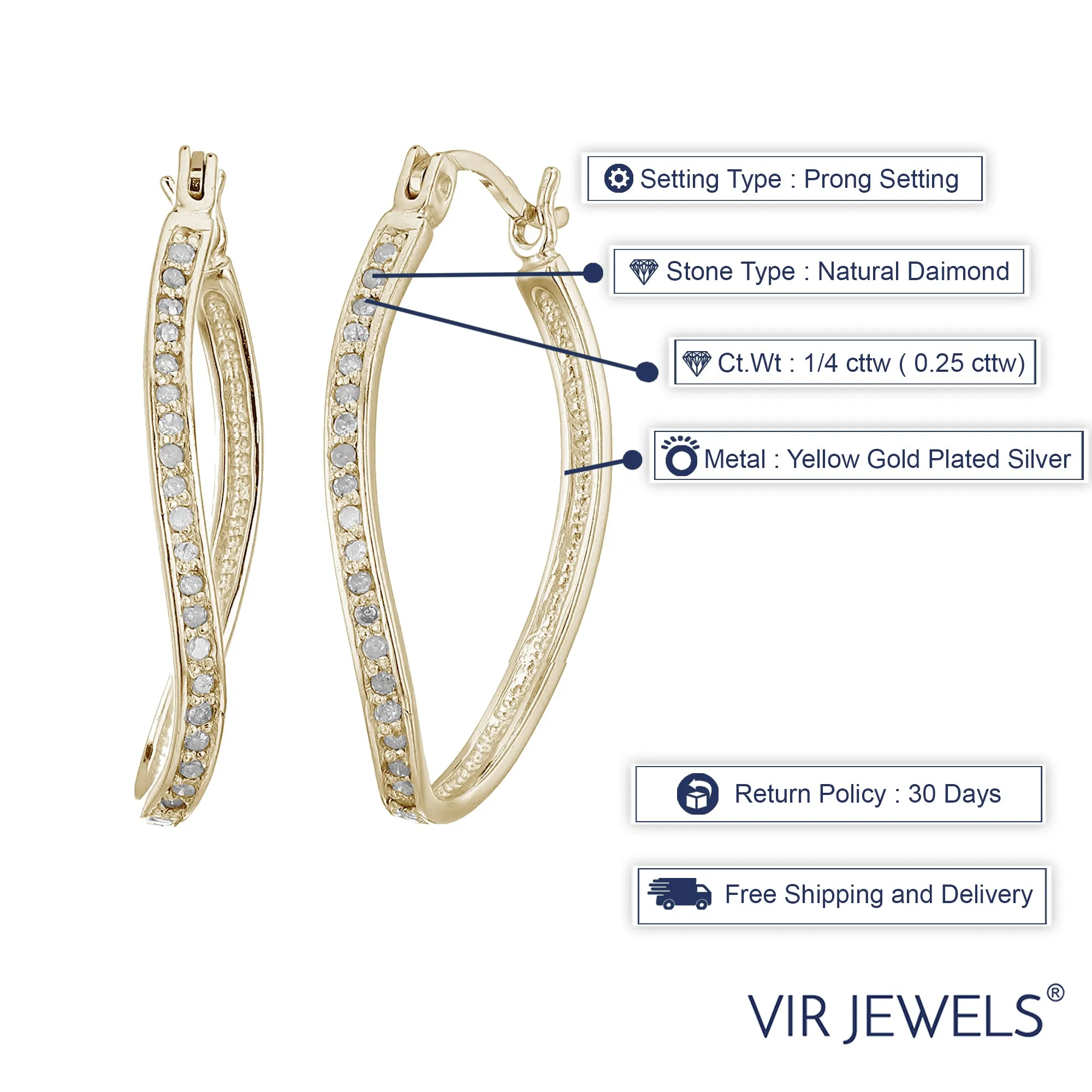 1/4 cttw Diamond Hoop Earrings Yellow Gold Plated over .925 Silver 1 Inch