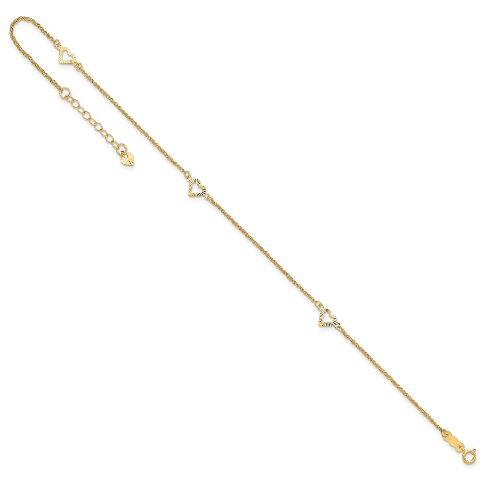 14K Diamond-Cut Hearts 9In Plus 1In Ext Anklet