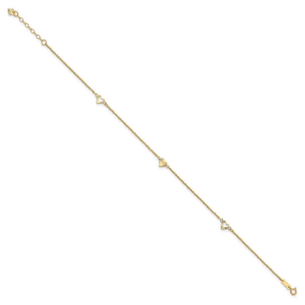 14K Diamond-Cut Hearts 9In Plus 1In Ext Anklet