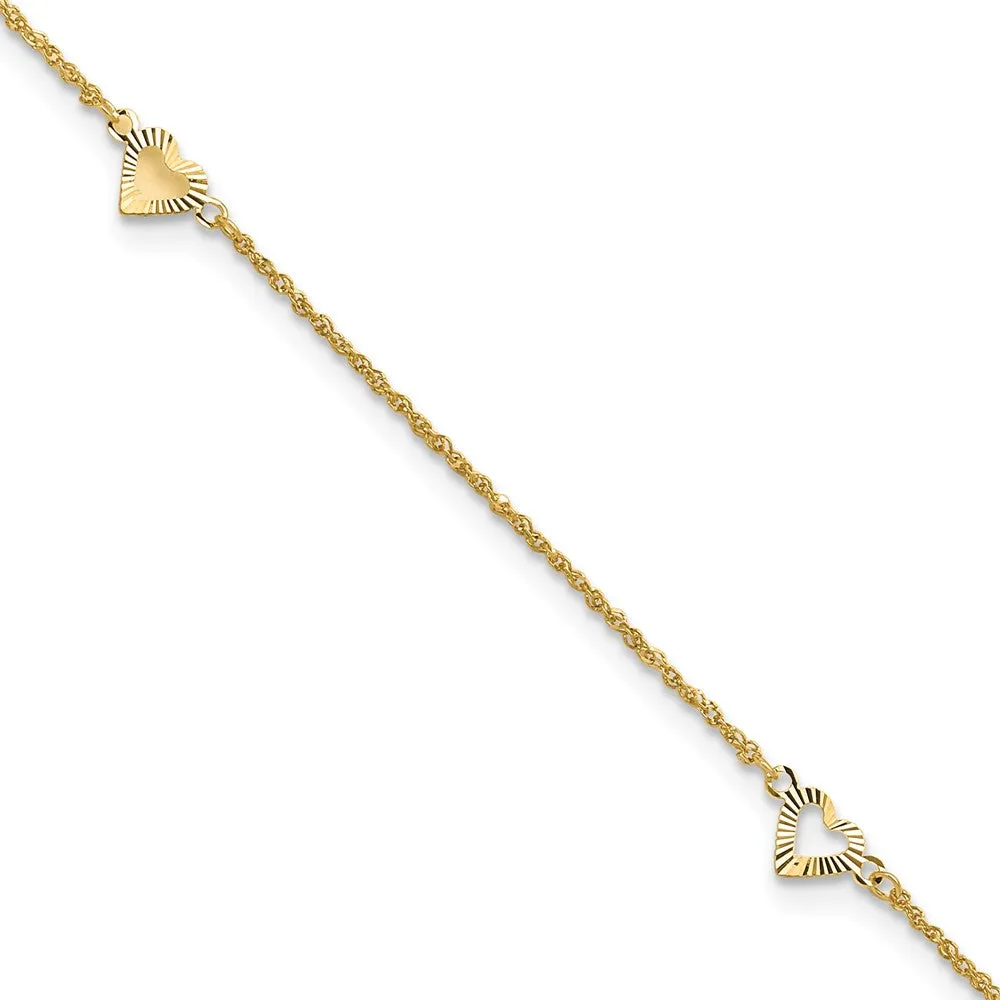 14K Diamond-Cut Hearts 9In Plus 1In Ext Anklet