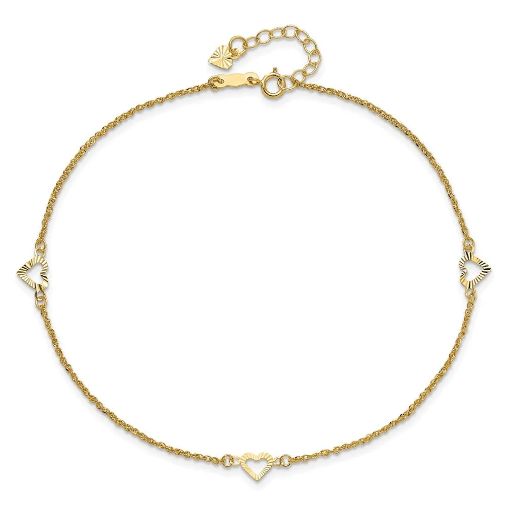 14K Diamond-Cut Hearts 9In Plus 1In Ext Anklet