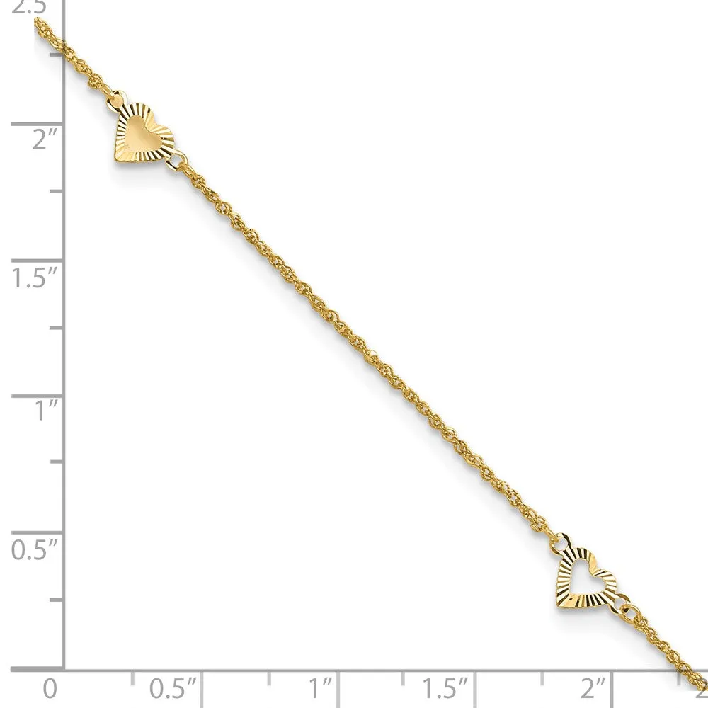 14K Diamond-Cut Hearts 9In Plus 1In Ext Anklet