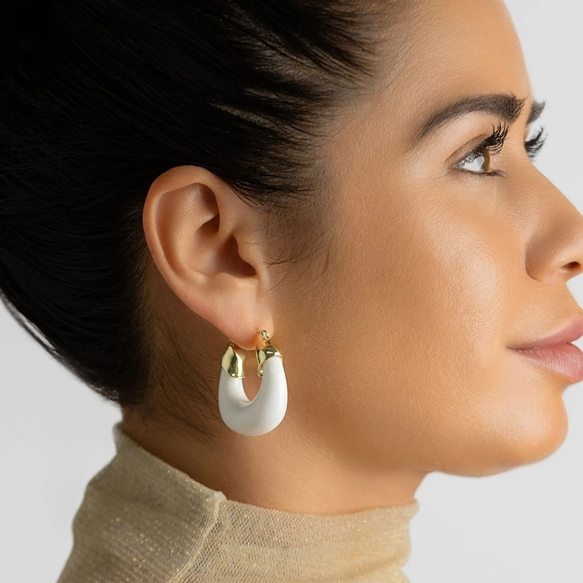 14K Gold Plated White Lucite Boxy Hoop Earrings