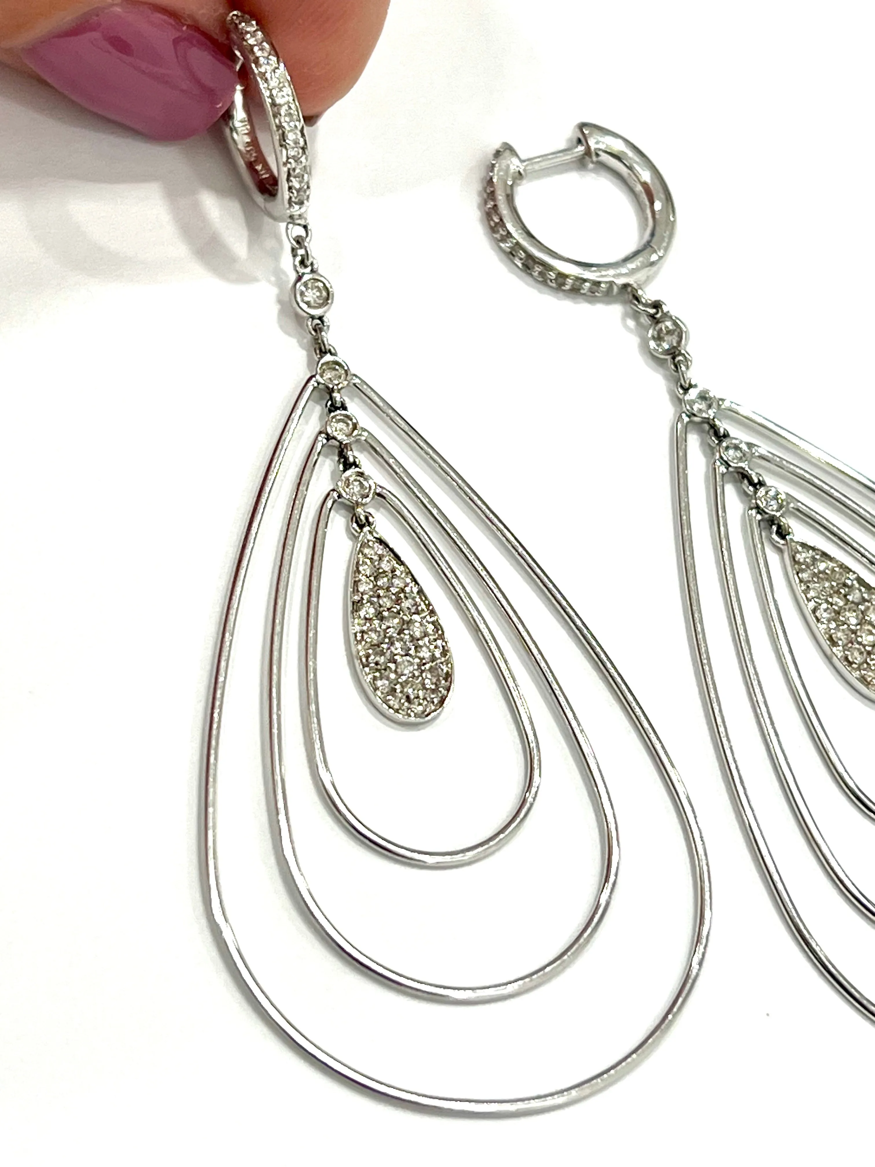 14K WHITE GOLD TEARDROP DANGLING CHANDELIER DIAMOND EARRINGS