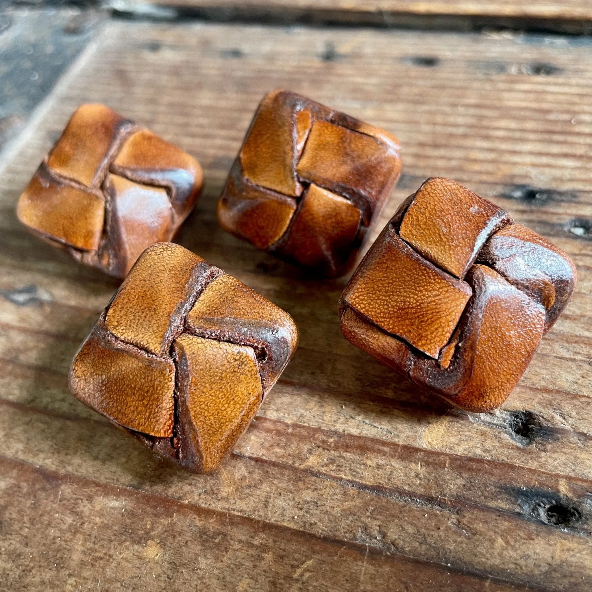1930's Handmade Leather Buttons Set of 4 Tan Vintage Square Unique 2.2 cm-7/8 inch - OOAK