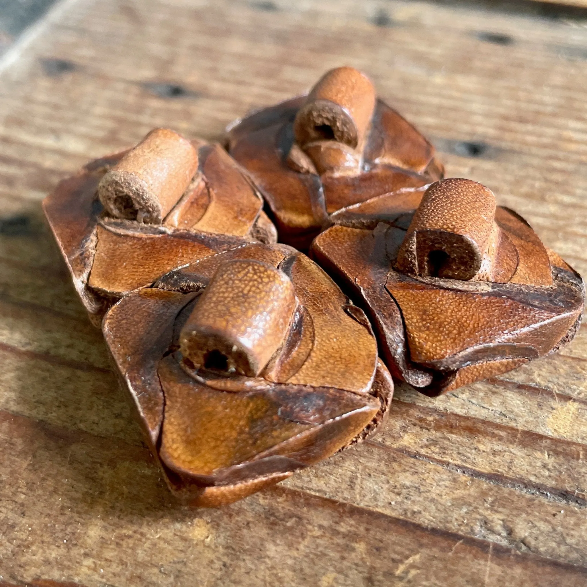 1930's Handmade Leather Buttons Set of 4 Tan Vintage Square Unique 2.2 cm-7/8 inch - OOAK