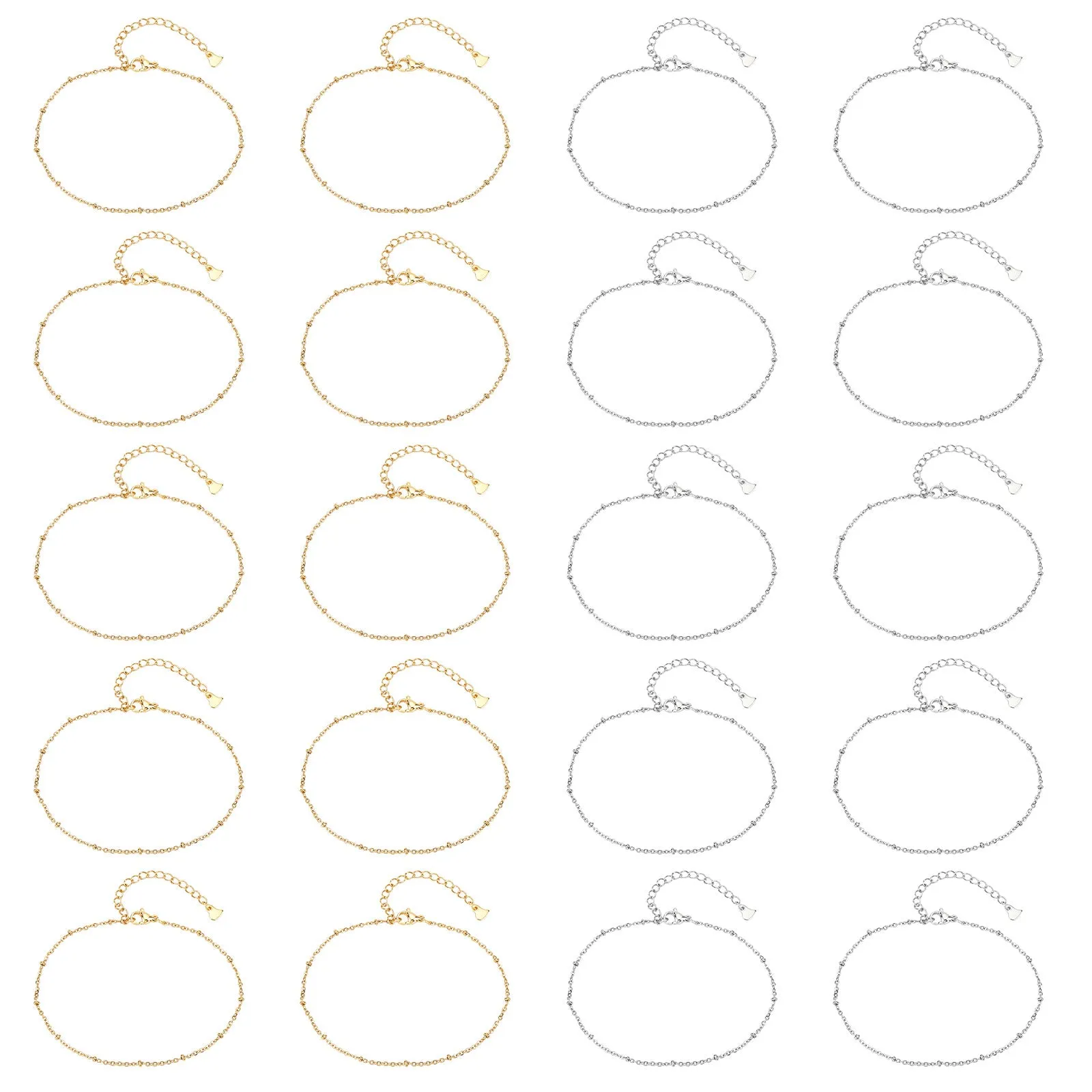 20Pcs 2 Colors 304 Stainless Steel Cable Chain, Satellite Chain Anklets, with Rondelle Beads and Lobster Claw Clasps, Golden & Stainless Steel Color, 8-1/8 inch(20.5cm), 10pcs/color