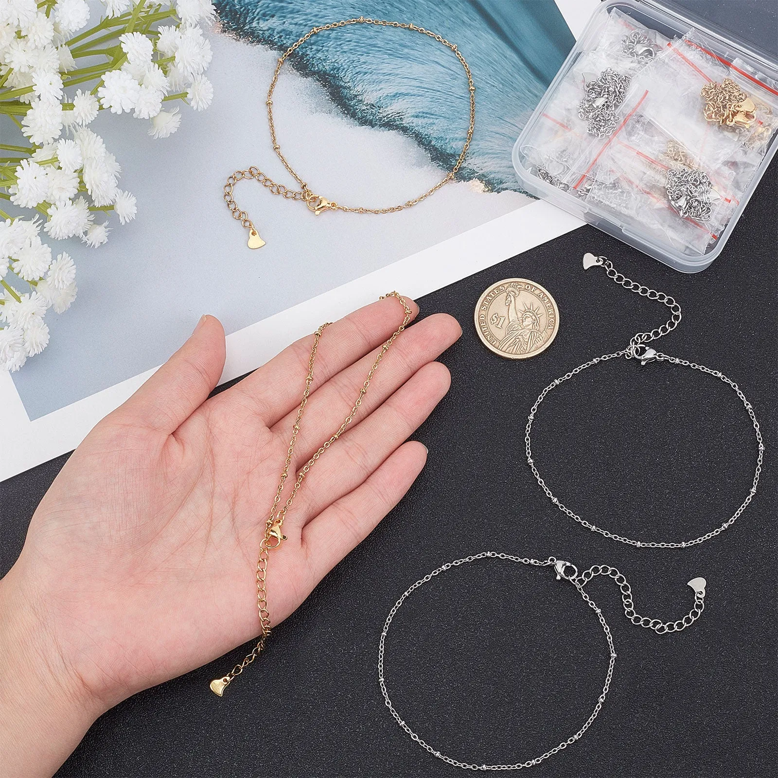 20Pcs 2 Colors 304 Stainless Steel Cable Chain, Satellite Chain Anklets, with Rondelle Beads and Lobster Claw Clasps, Golden & Stainless Steel Color, 8-1/8 inch(20.5cm), 10pcs/color