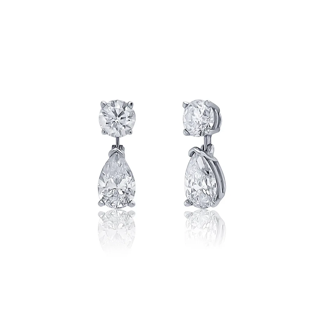 2.84 Carat Pear and Round Diamond Drop 14K White Gold Earrings