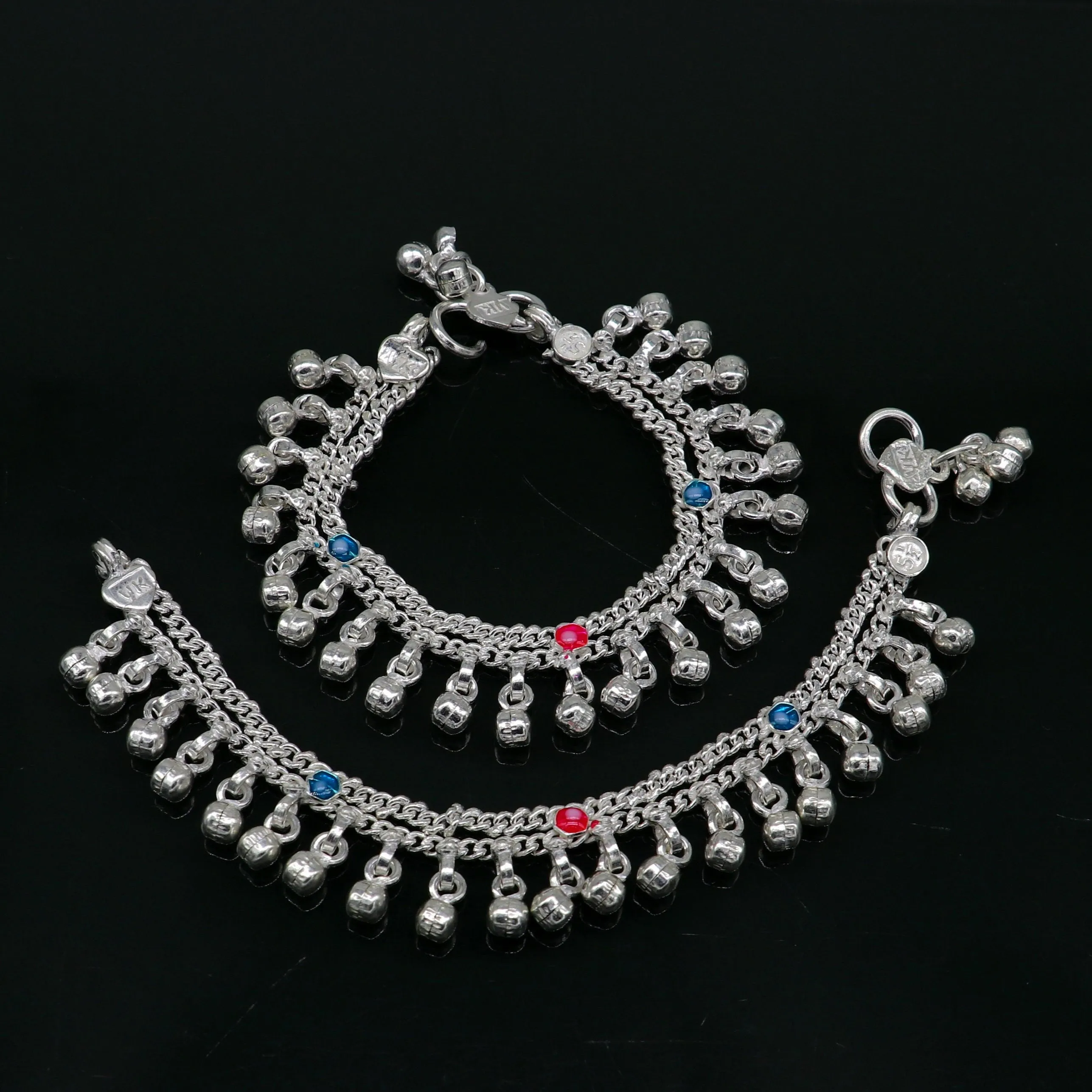 5.5" inches Sterling silver handmade double chain jingling ankle bracelet baby anklet noisy sound bells charm foot anklets jewelry ank302