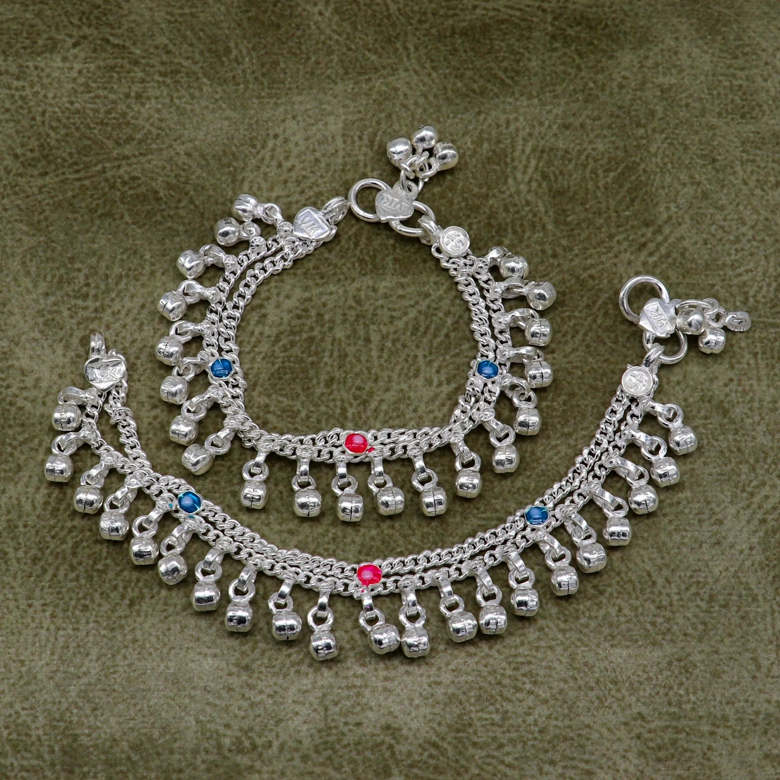 5.5" inches Sterling silver handmade double chain jingling ankle bracelet baby anklet noisy sound bells charm foot anklets jewelry ank302