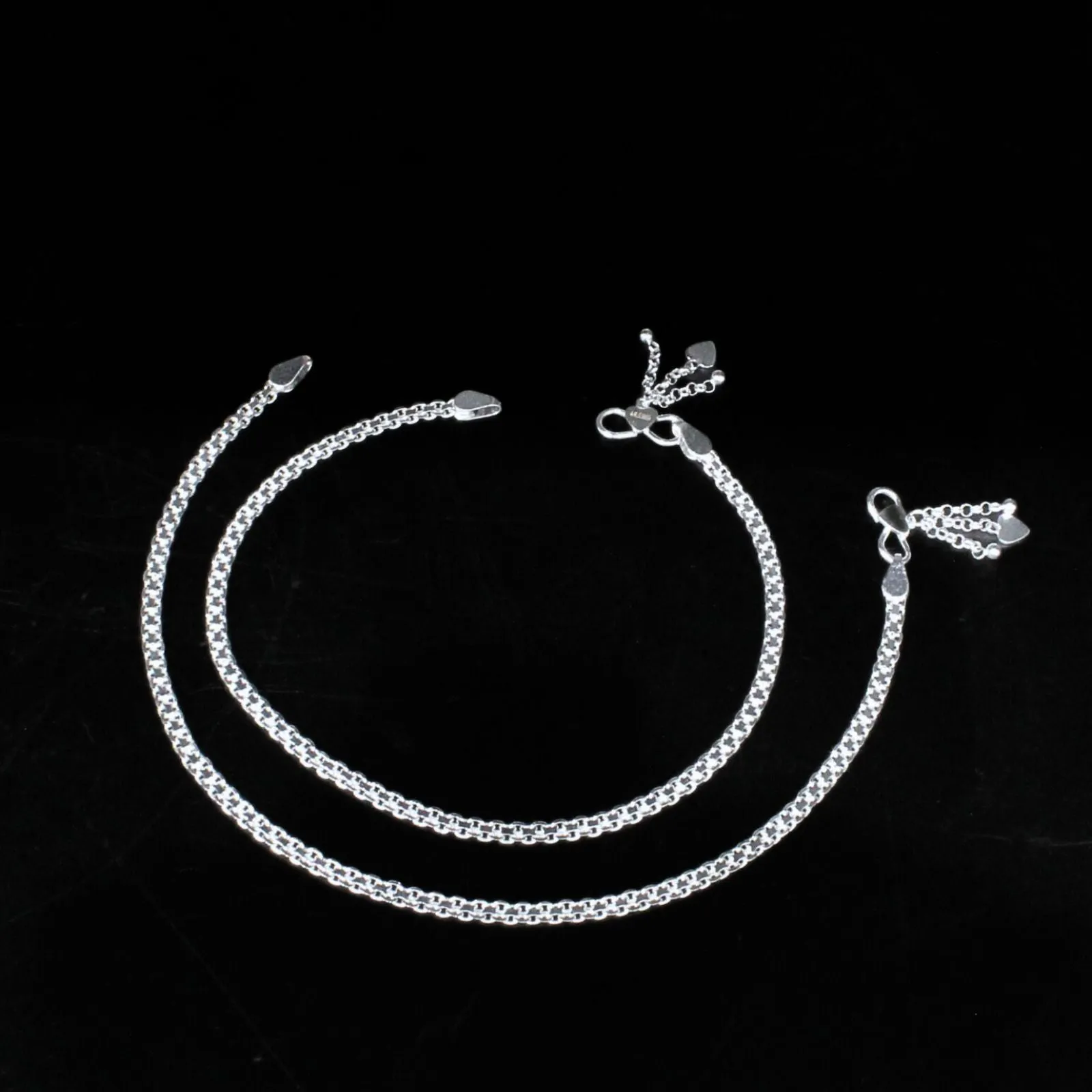 925 Sterling Silver Indian Design women Anklets Bracelet Pair 10"