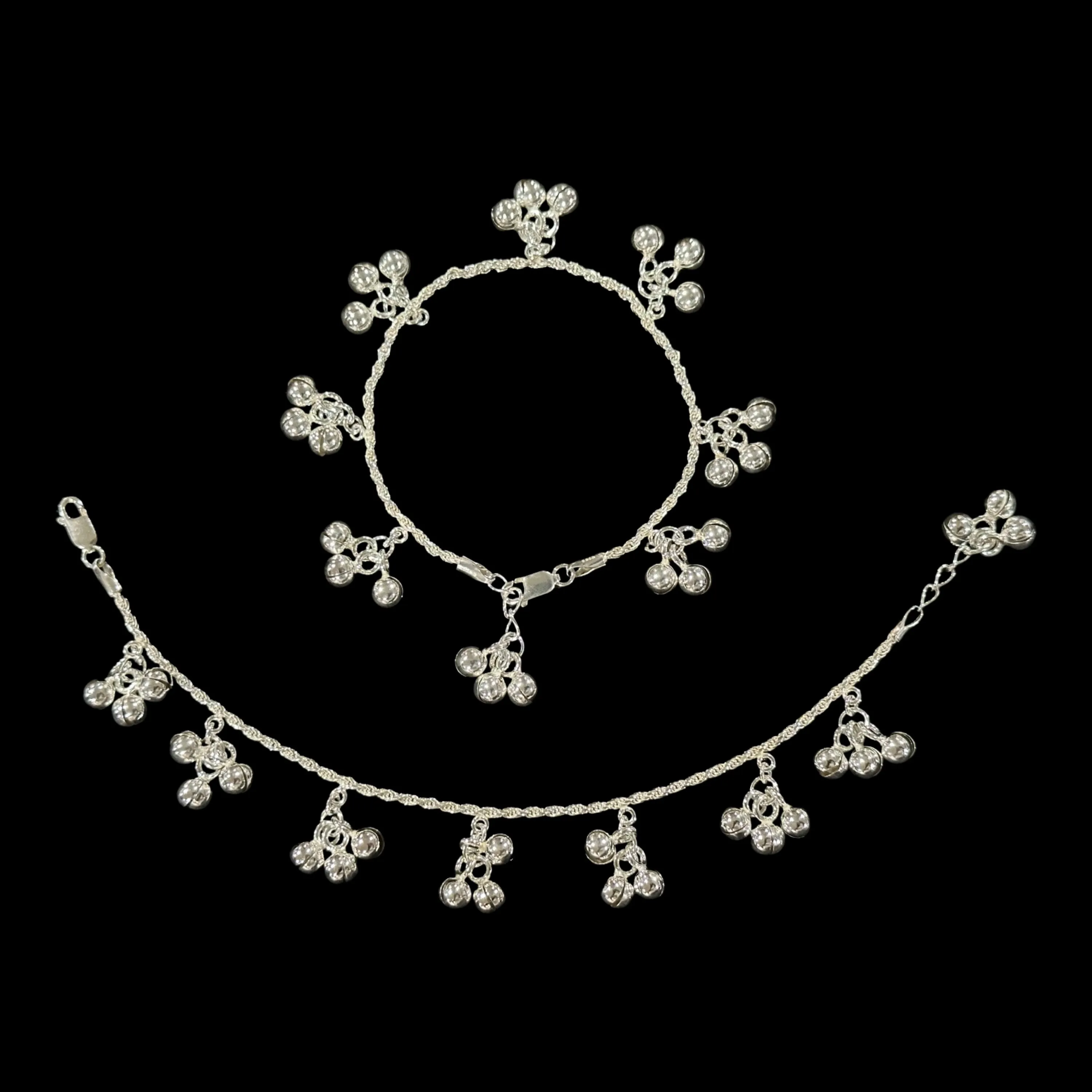 925 Sterling Silver Kids 2.0mm Rope Chain Designer Bell Anklet - Style#04
