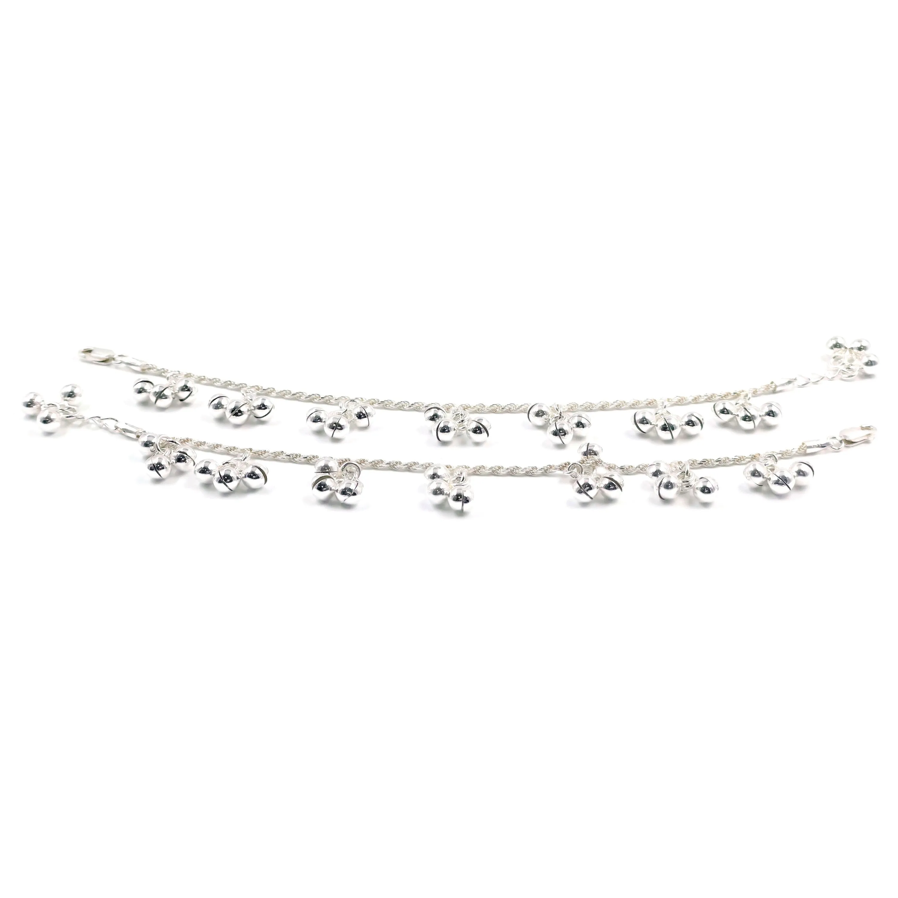925 Sterling Silver Kids 2.0mm Rope Chain Designer Bell Anklet - Style#04