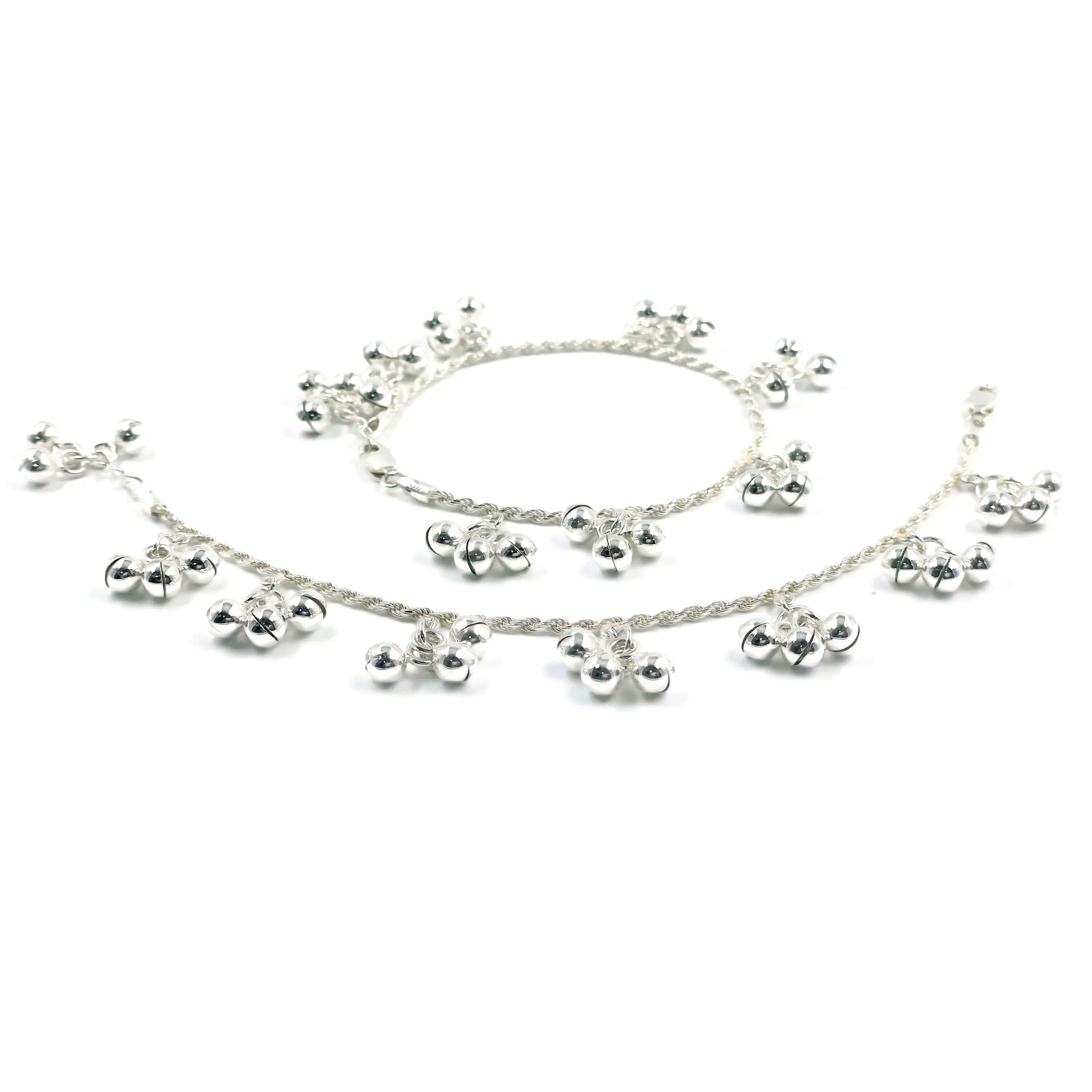 925 Sterling Silver Kids 2.0mm Rope Chain Designer Bell Anklet - Style#04