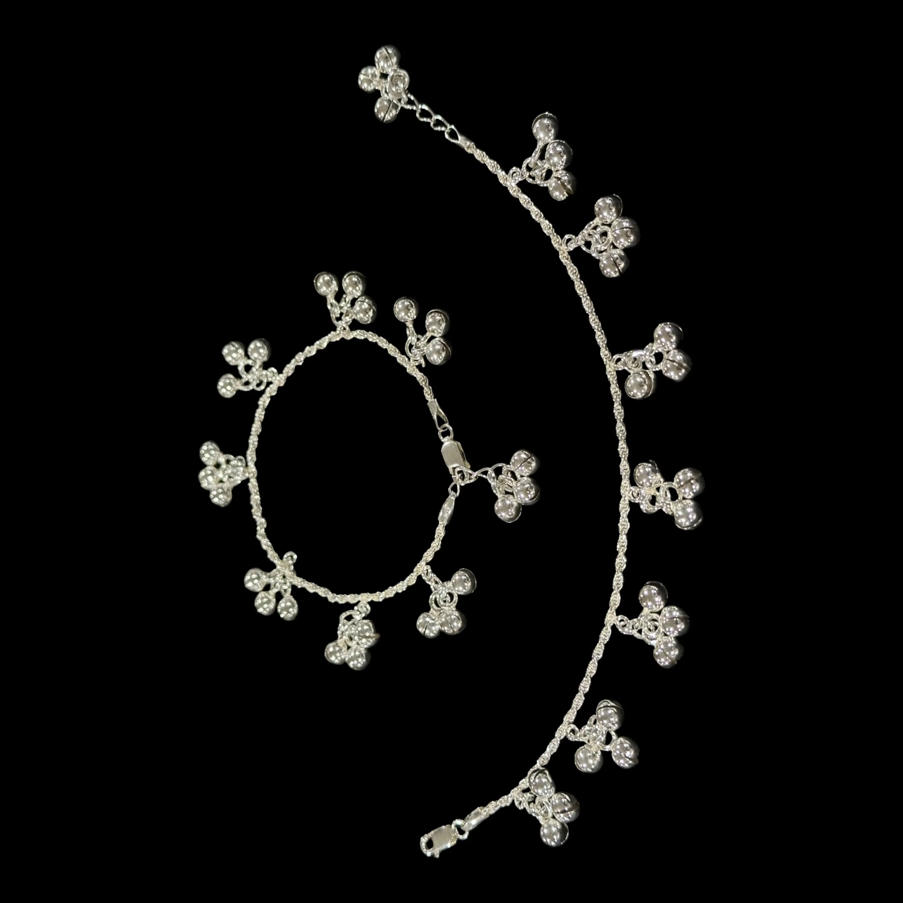 925 Sterling Silver Kids 2.0mm Rope Chain Designer Bell Anklet - Style#04