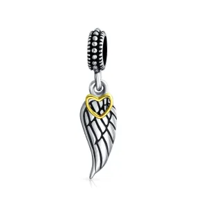 Angel Wing Feather Heart Dangle Charm Bead .925 Sterling Silver
