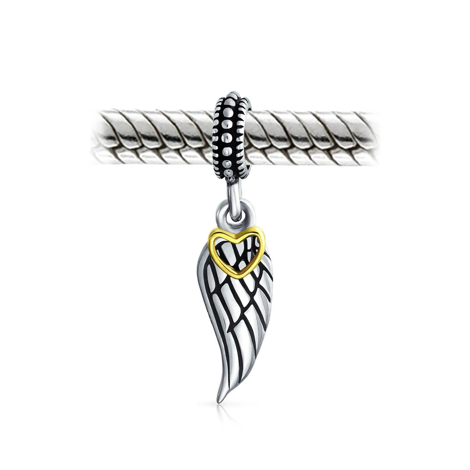 Angel Wing Feather Heart Dangle Charm Bead .925 Sterling Silver