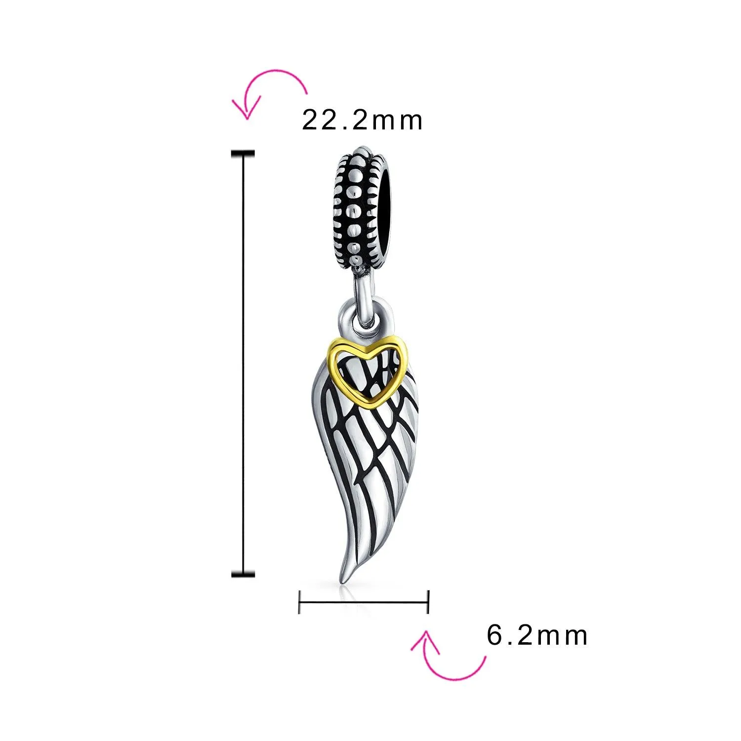 Angel Wing Feather Heart Dangle Charm Bead .925 Sterling Silver