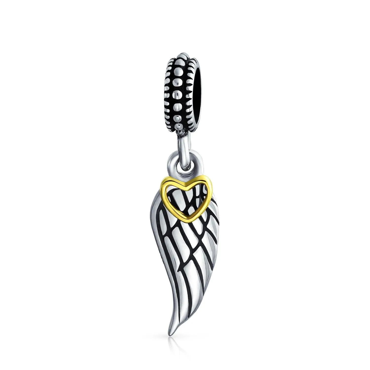 Angel Wing Feather Heart Dangle Charm Bead .925 Sterling Silver