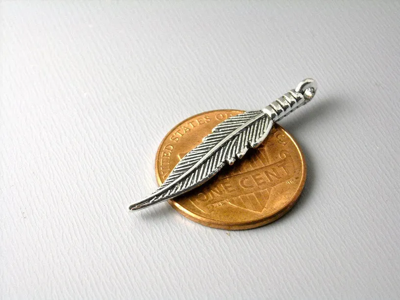 Antique Silver Plated Feather Charm Dangles with Coil Base, 32mm x 6mm - 5 pieces