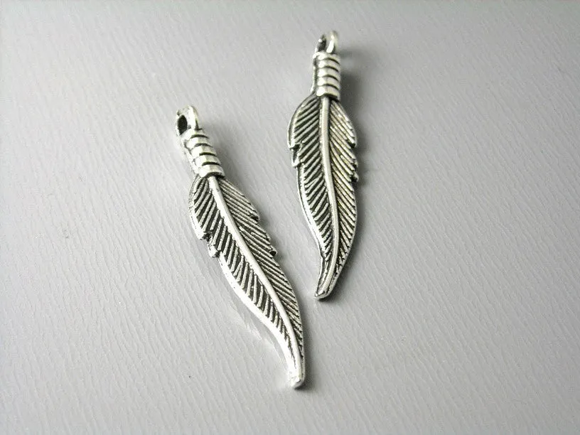 Antique Silver Plated Feather Charm Dangles with Coil Base, 32mm x 6mm - 5 pieces