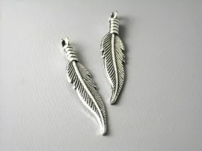 Antique Silver Plated Feather Charm Dangles with Coil Base, 32mm x 6mm - 5 pieces
