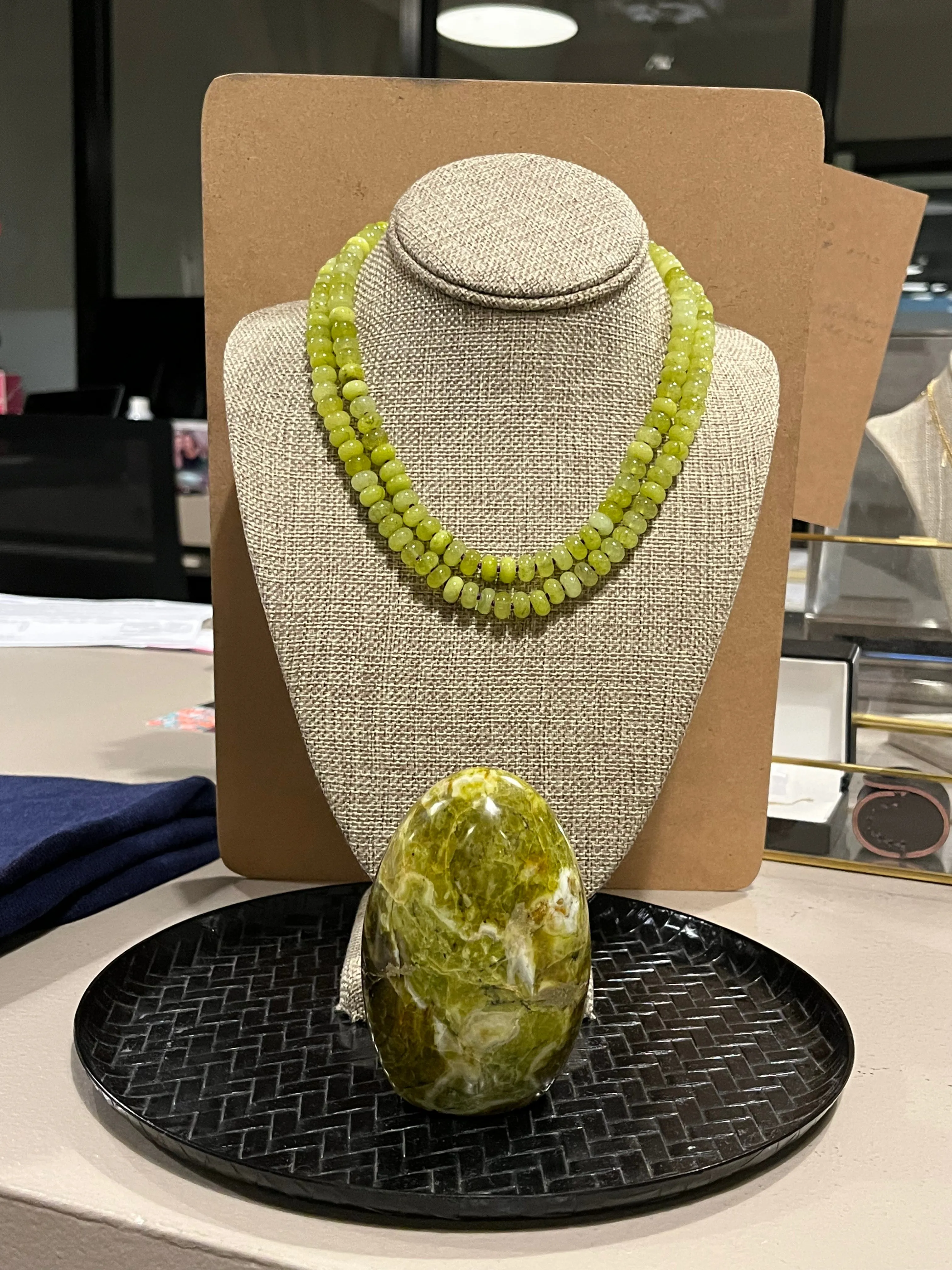 Beaded semi precious fluorite necklace hand knotted purple silk with 14K yellow gold clasp