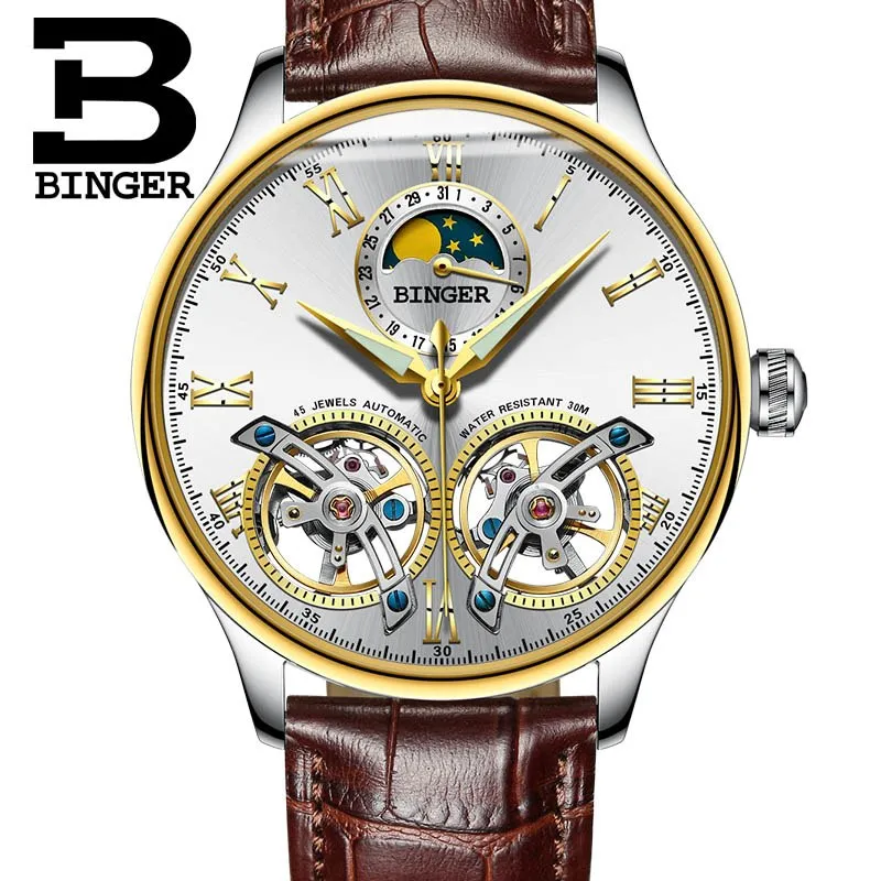 Binger Swiss Double Tourbillon Elegant Mechanical Watch Men B 8606 A