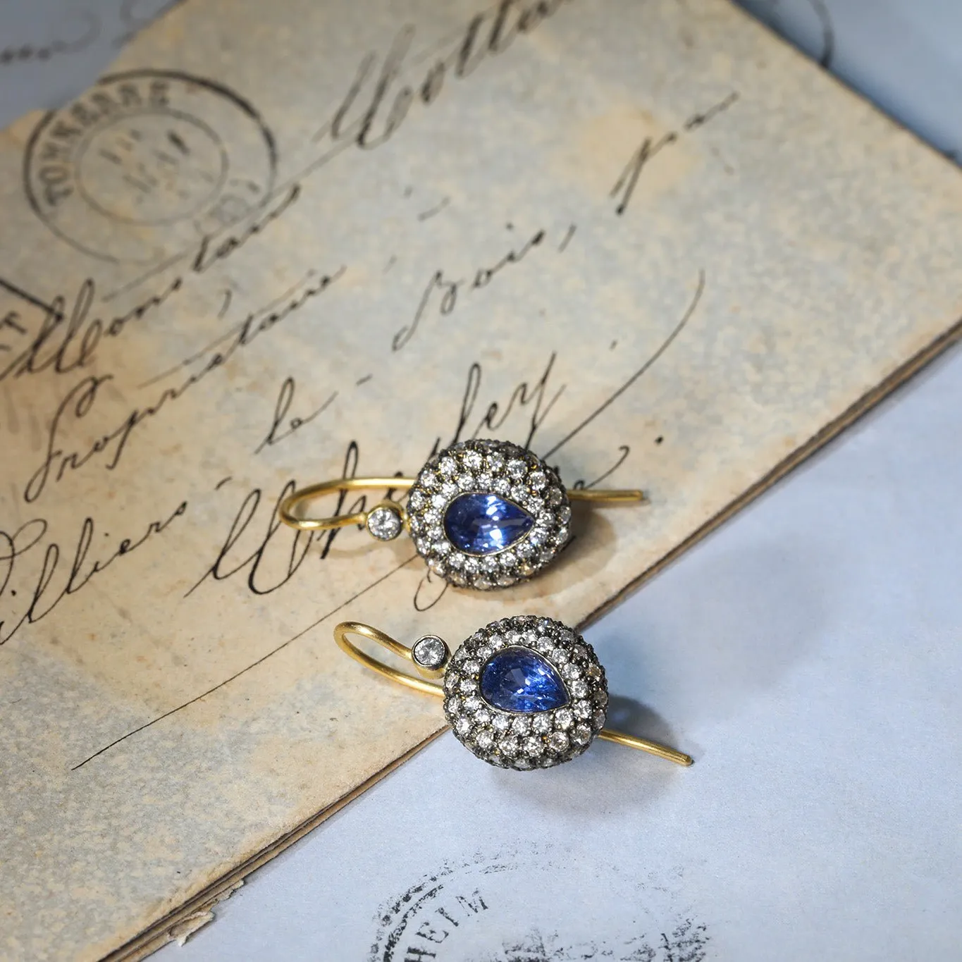 Blackened Pave Diamond "Galaxy" Earrings with Blue Sapphire Center