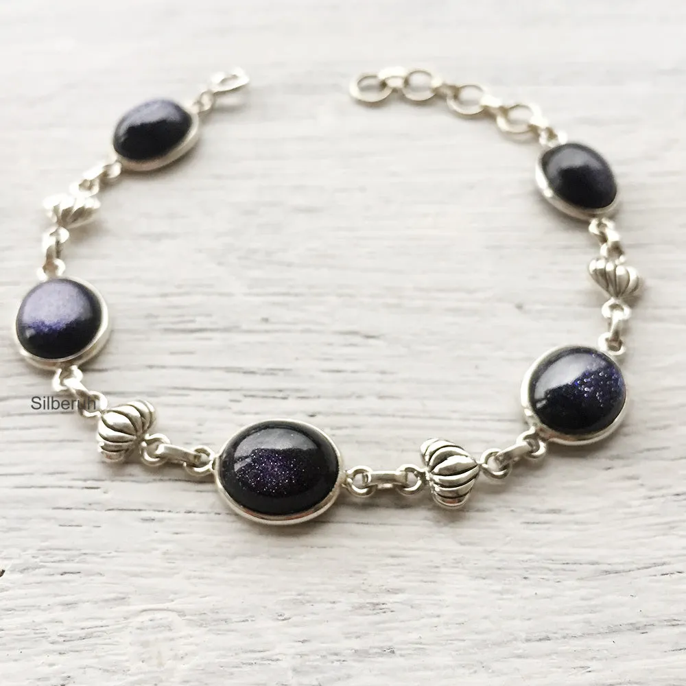 Blue Sunstone Lotus Silver Bracelet