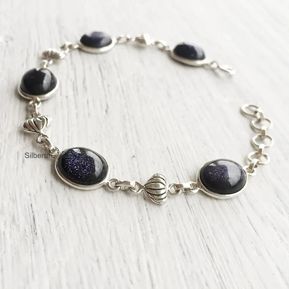 Blue Sunstone Lotus Silver Bracelet