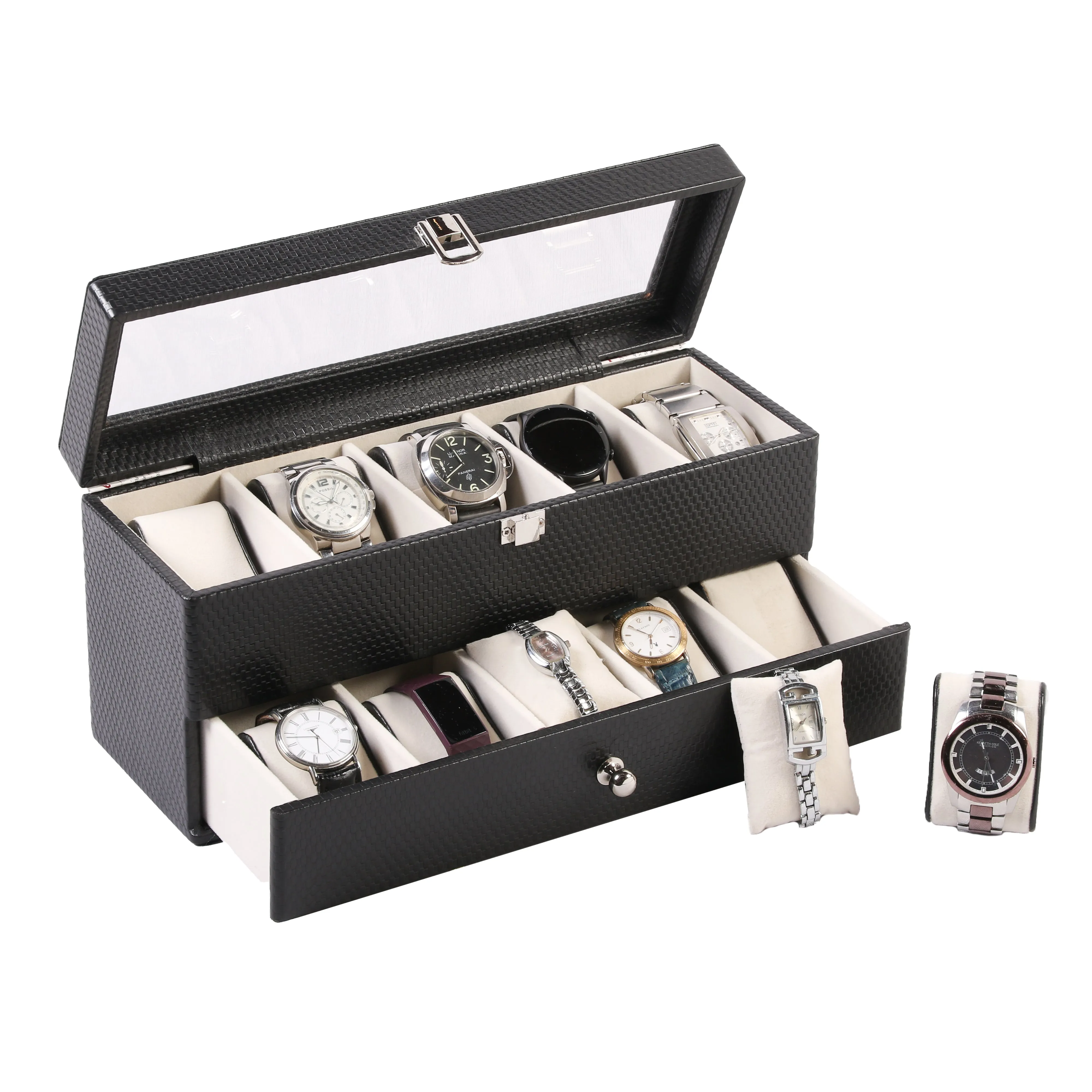 Bronx II Leather Watch Box / Case | 100% Genuine Leather | Can Hold 10 Watches | Acrylic Glass Top | Color:  Brick Brown, Black, Cherry
