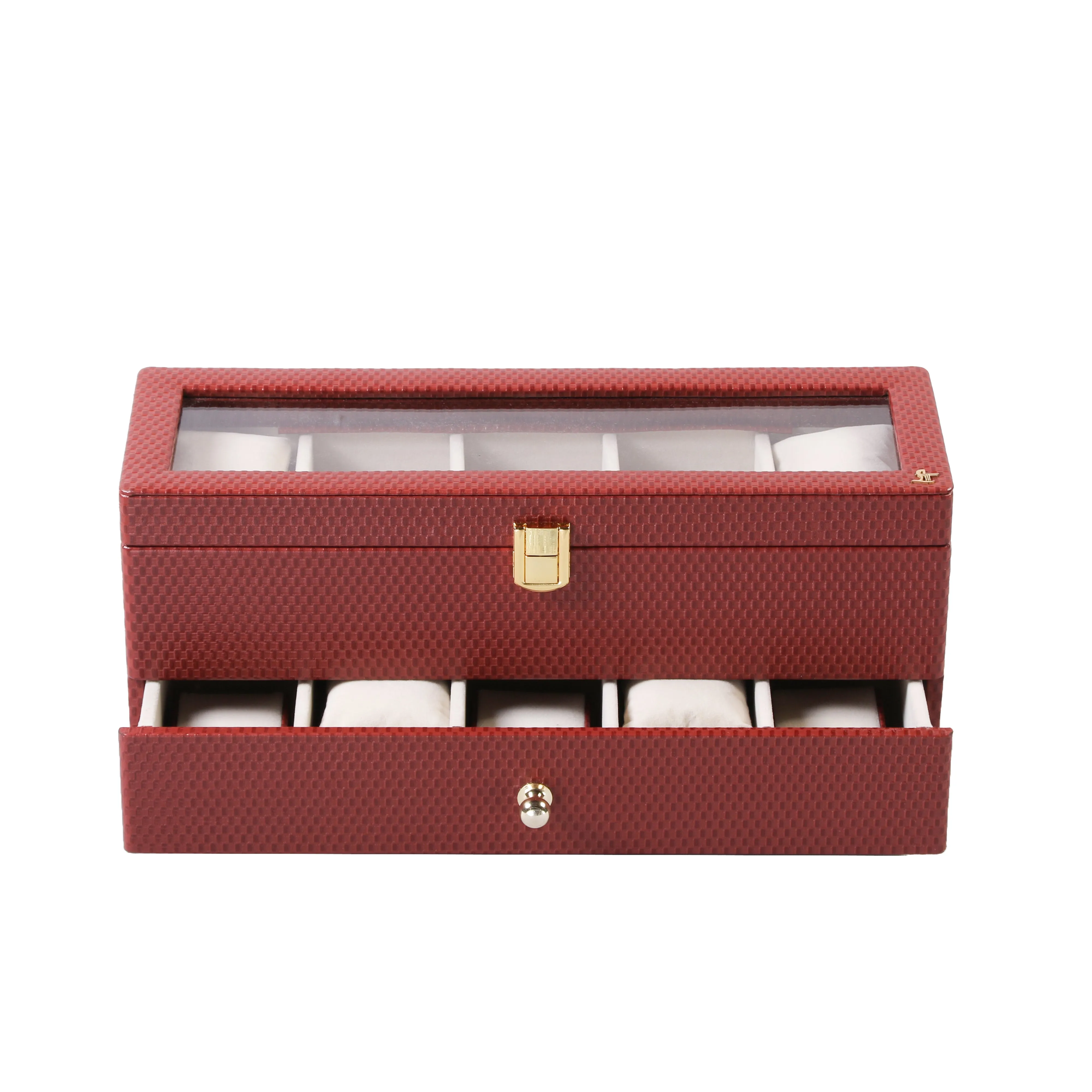 Bronx II Leather Watch Box / Case | 100% Genuine Leather | Can Hold 10 Watches | Acrylic Glass Top | Color:  Brick Brown, Black, Cherry