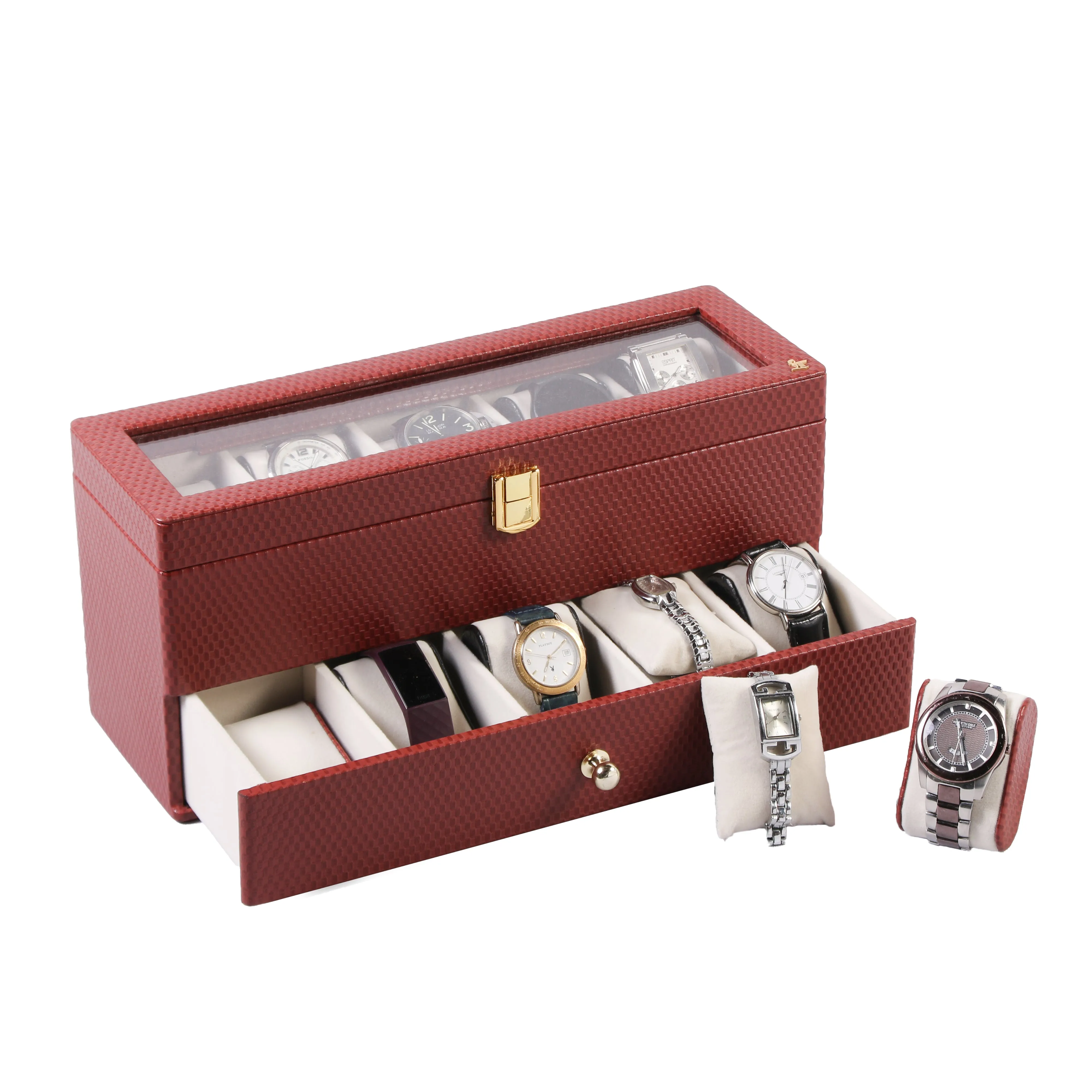 Bronx II Leather Watch Box / Case | 100% Genuine Leather | Can Hold 10 Watches | Acrylic Glass Top | Color:  Brick Brown, Black, Cherry