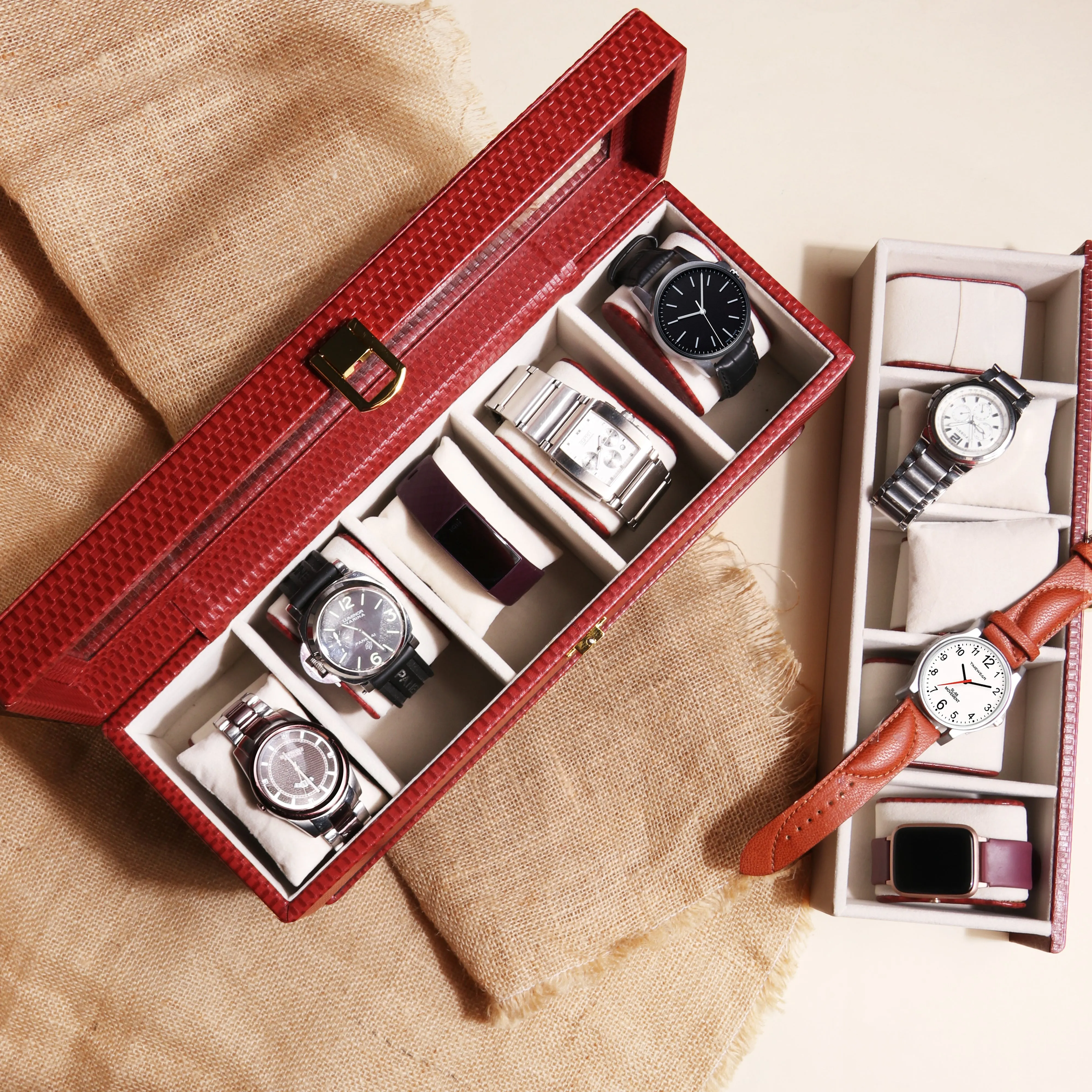 Bronx II Leather Watch Box / Case | 100% Genuine Leather | Can Hold 10 Watches | Acrylic Glass Top | Color:  Brick Brown, Black, Cherry