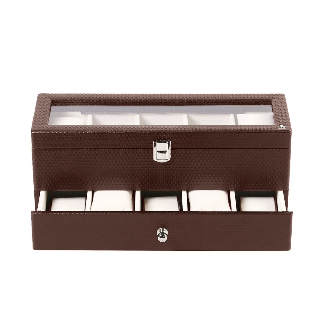 Bronx II Leather Watch Box / Case | 100% Genuine Leather | Can Hold 10 Watches | Acrylic Glass Top | Color:  Brick Brown, Black, Cherry