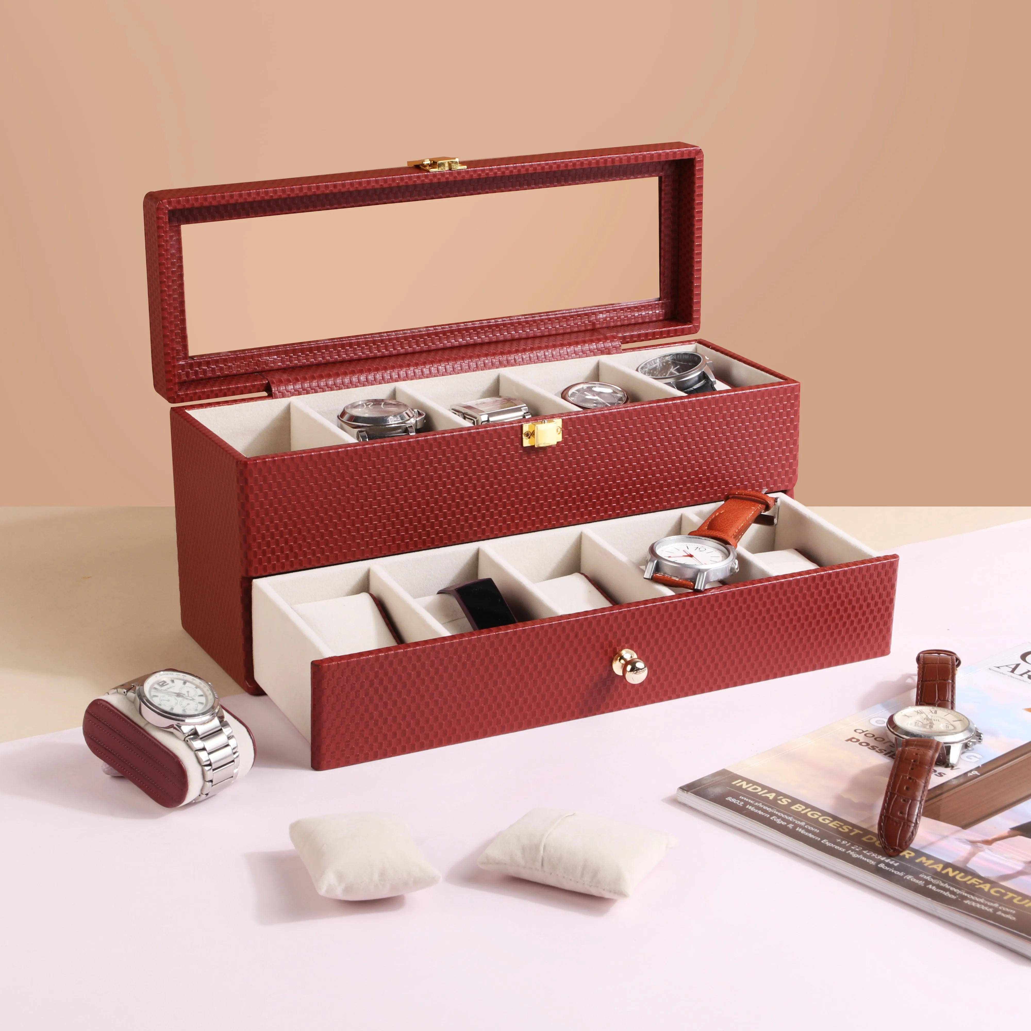 Bronx II Leather Watch Box / Case | 100% Genuine Leather | Can Hold 10 Watches | Acrylic Glass Top | Color:  Brick Brown, Black, Cherry
