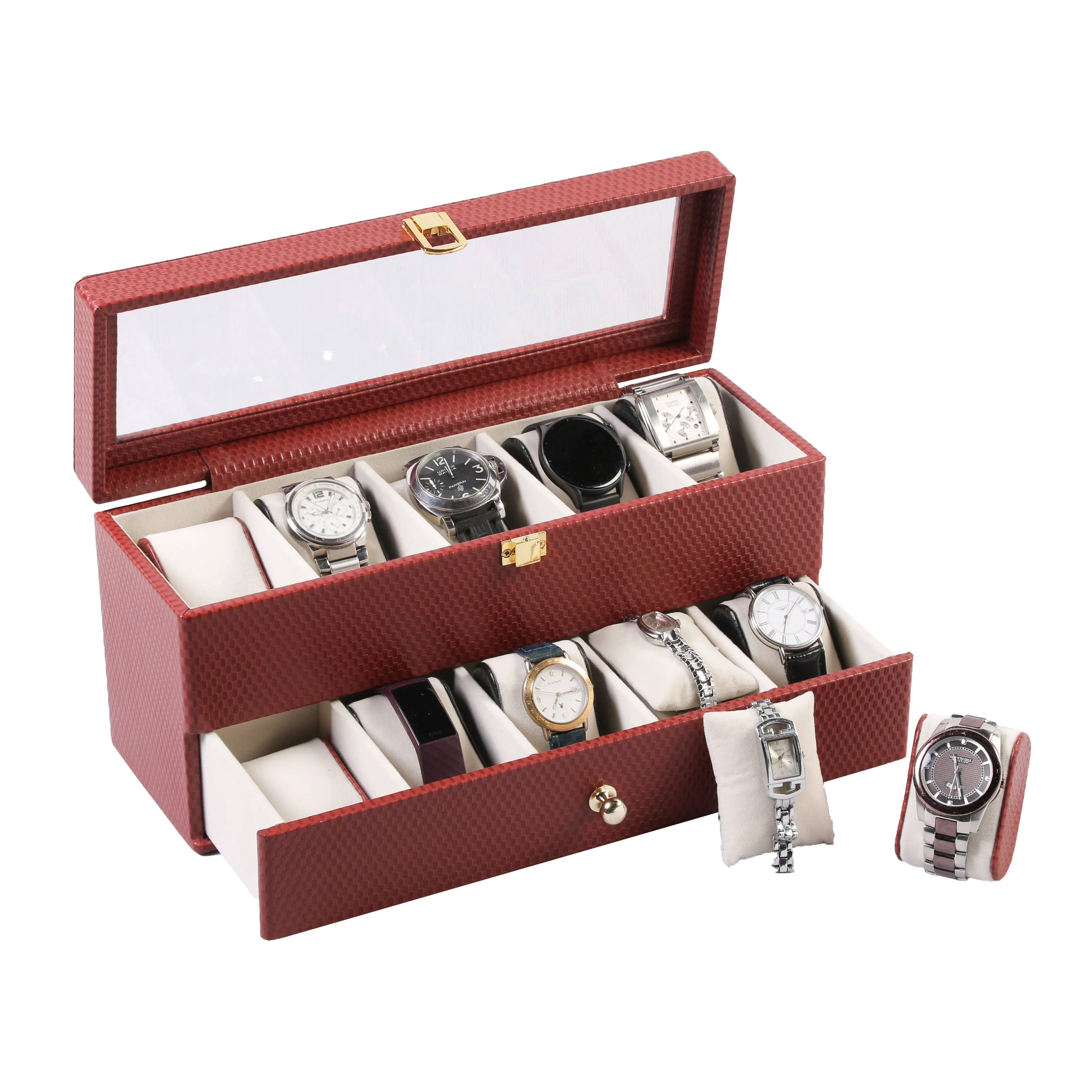 Bronx II Leather Watch Box / Case | 100% Genuine Leather | Can Hold 10 Watches | Acrylic Glass Top | Color:  Brick Brown, Black, Cherry