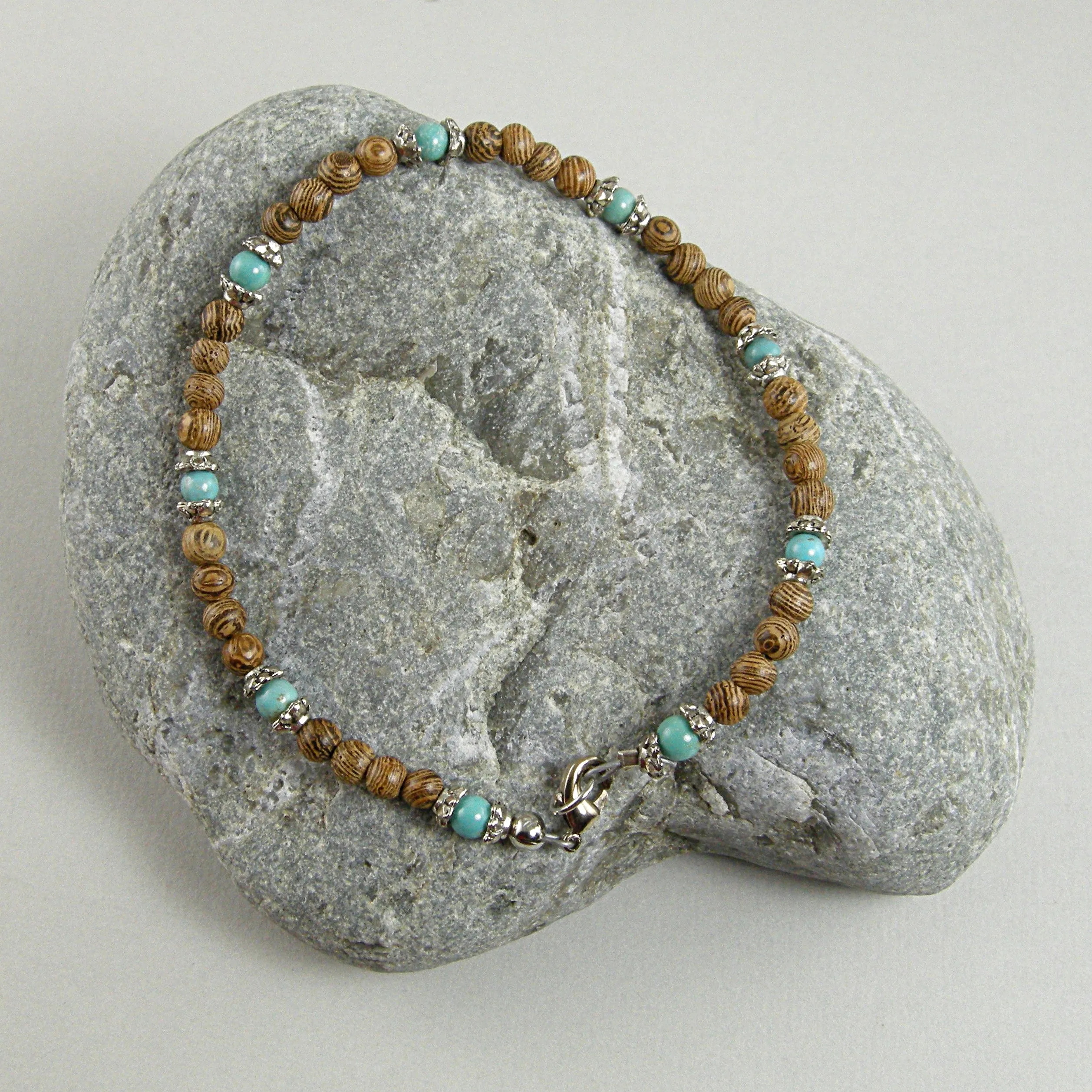 Brown Wood Bead Anklet, Unisex Anklet, Wood and Turquoise Anklet