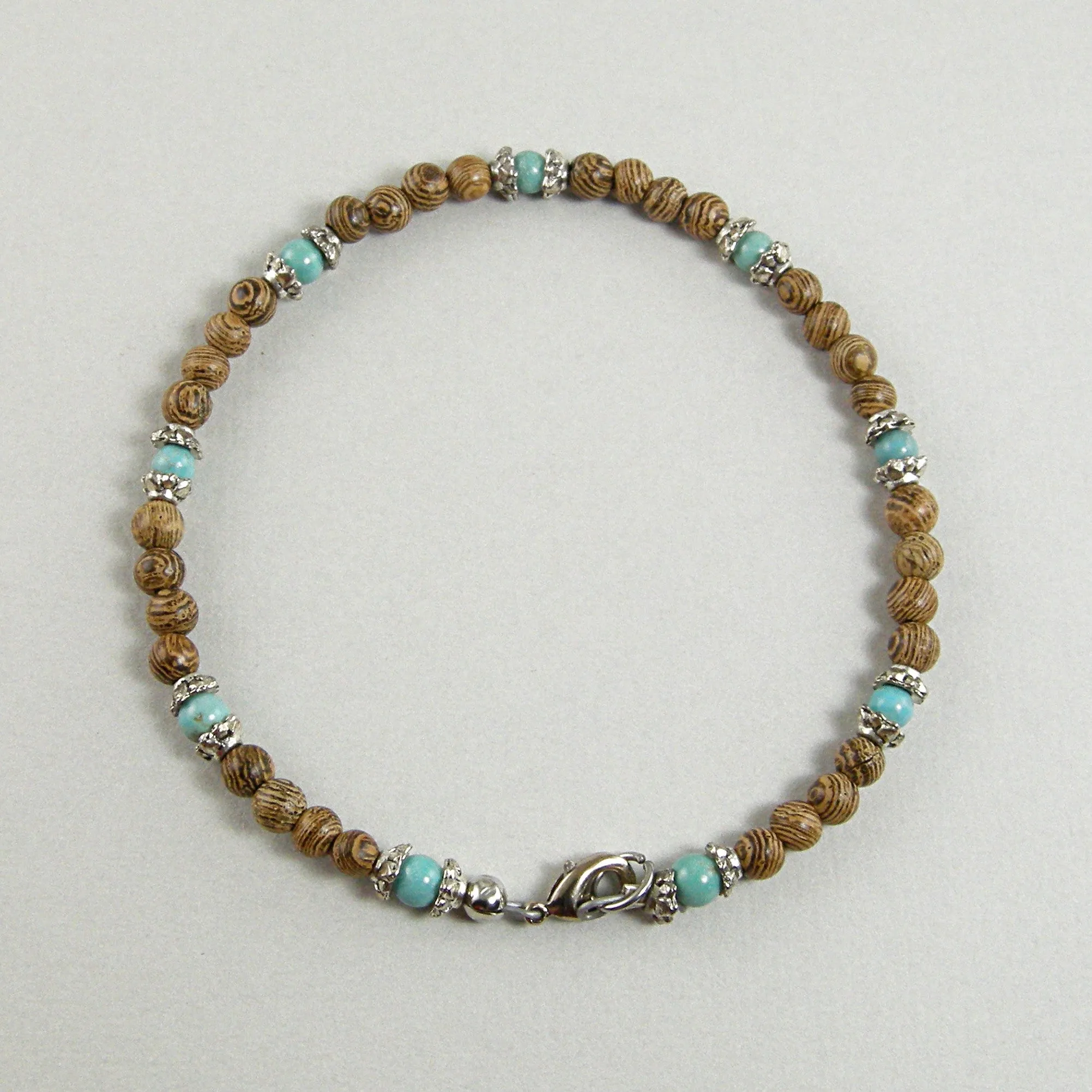 Brown Wood Bead Anklet, Unisex Anklet, Wood and Turquoise Anklet