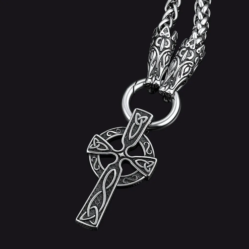 Celtic Knot Cross Necklace With Wolf Rope Chain For Men