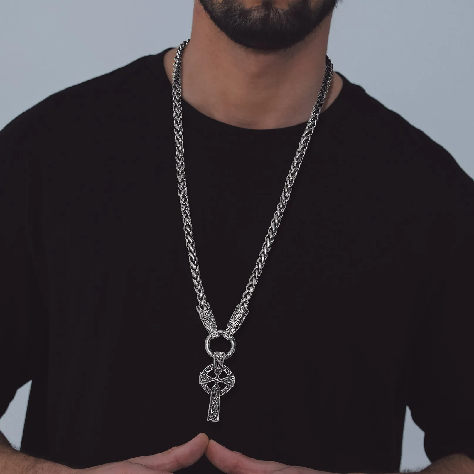 Celtic Knot Cross Necklace With Wolf Rope Chain For Men