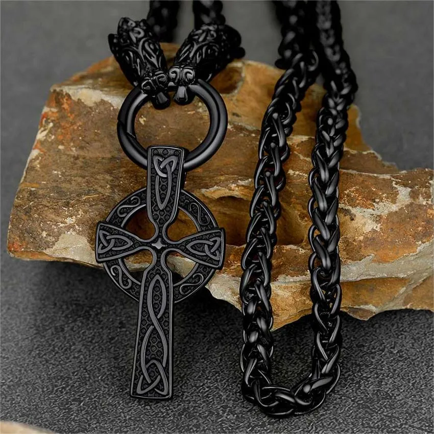 Celtic Knot Cross Necklace With Wolf Rope Chain For Men