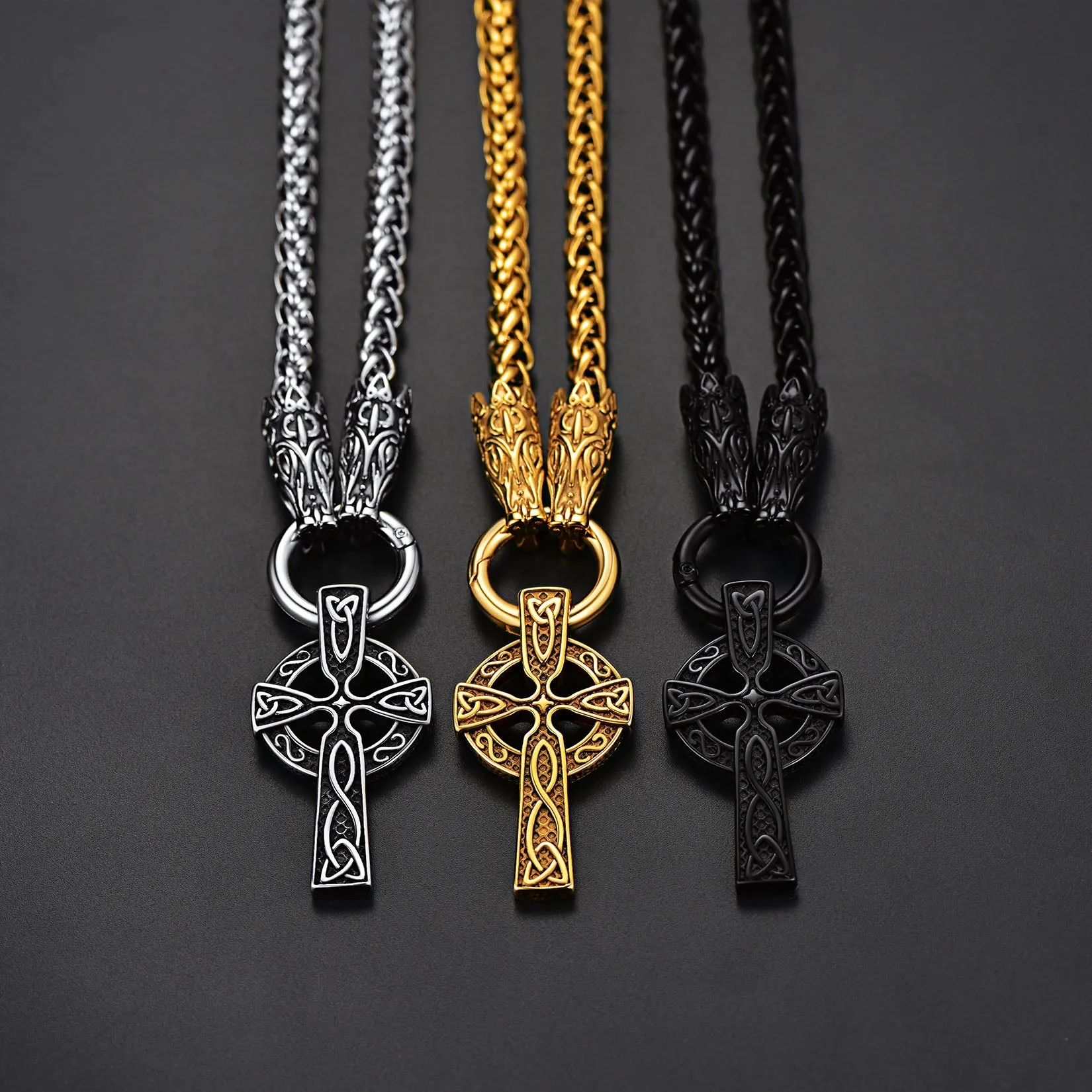 Celtic Knot Cross Necklace With Wolf Rope Chain For Men