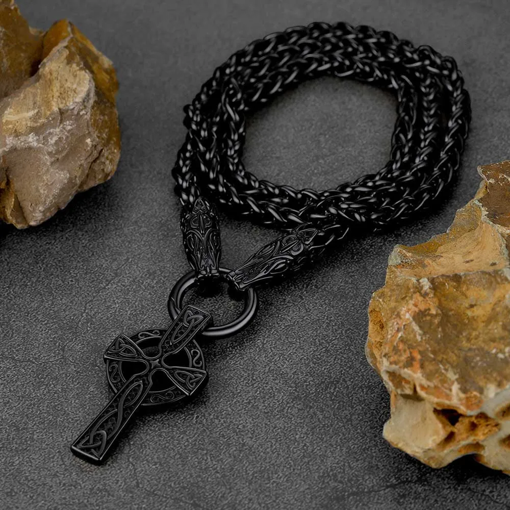 Celtic Knot Cross Necklace With Wolf Rope Chain For Men