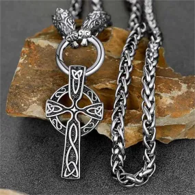 Celtic Knot Cross Necklace With Wolf Rope Chain For Men