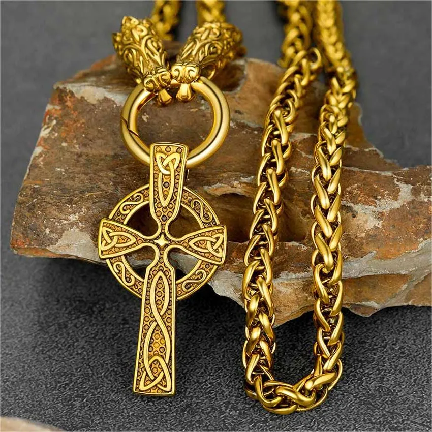 Celtic Knot Cross Necklace With Wolf Rope Chain For Men